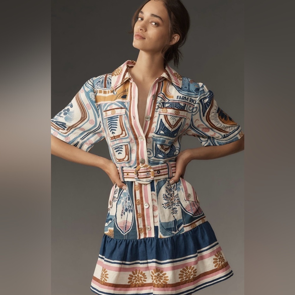 FARM Rio Cerrado Short-Sleeve Belted Linen Mini Dress Size Large NWT